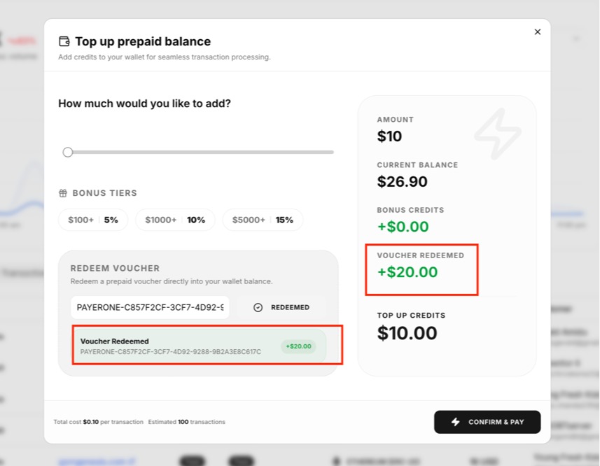PayerOne Transaction Usage Screenshot