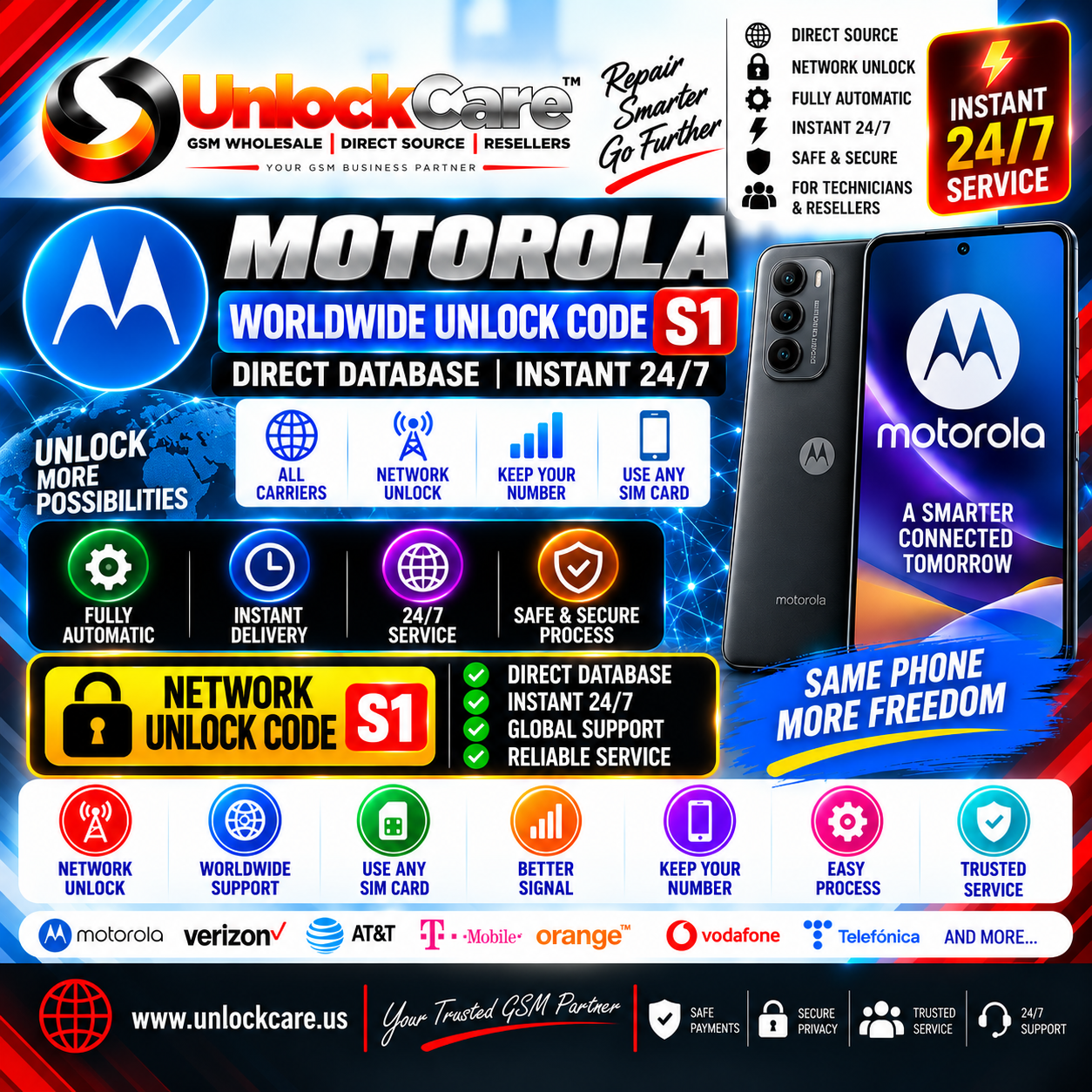 Motorola Worldwide Unlock Code S1 — Direct Database | Instant 24/7