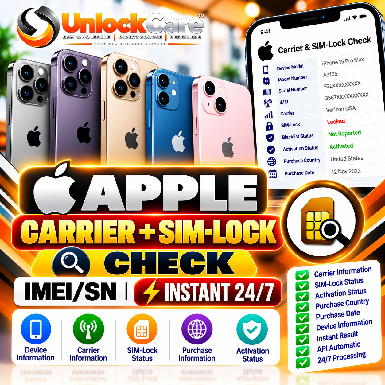 Apple Carrier + SIM-Lock Check [IMEI/SN] Instant 24/7