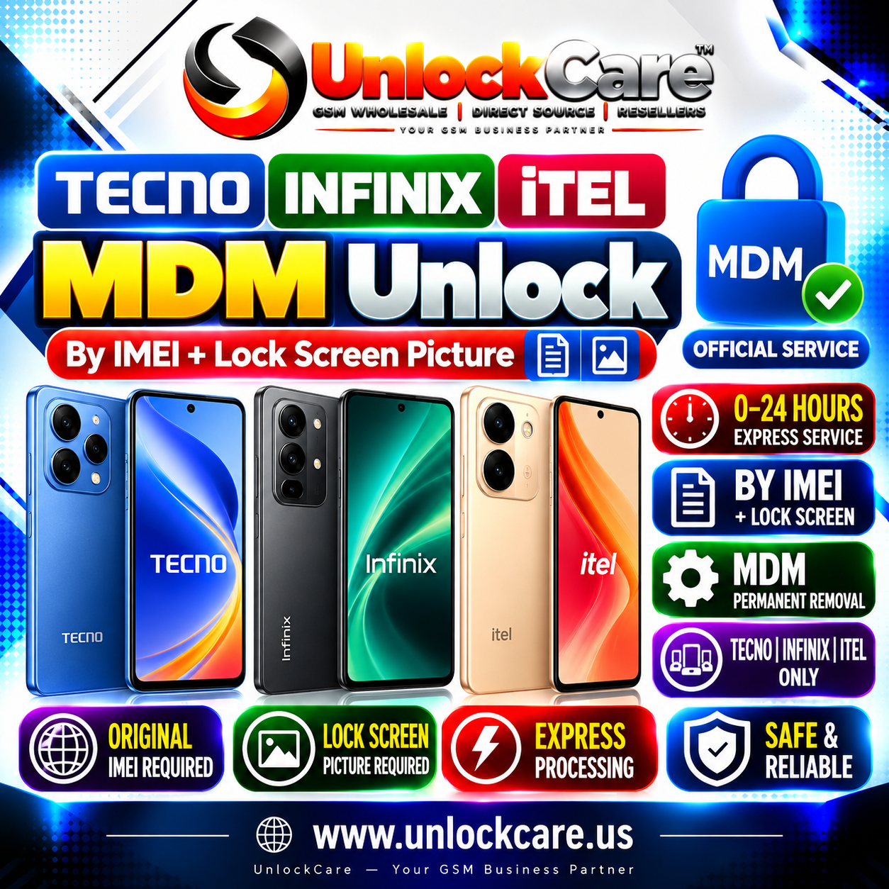 TECNO | INFINIX | ITEL MDM Unlock | By IMEI + Lock Screen | Express