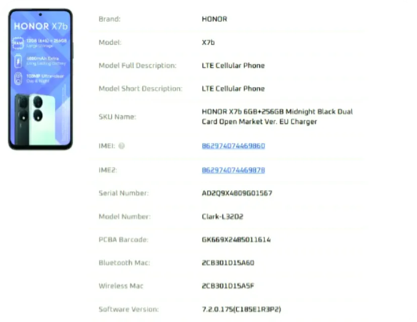 HONOR IMEI/SN CHECK INFO