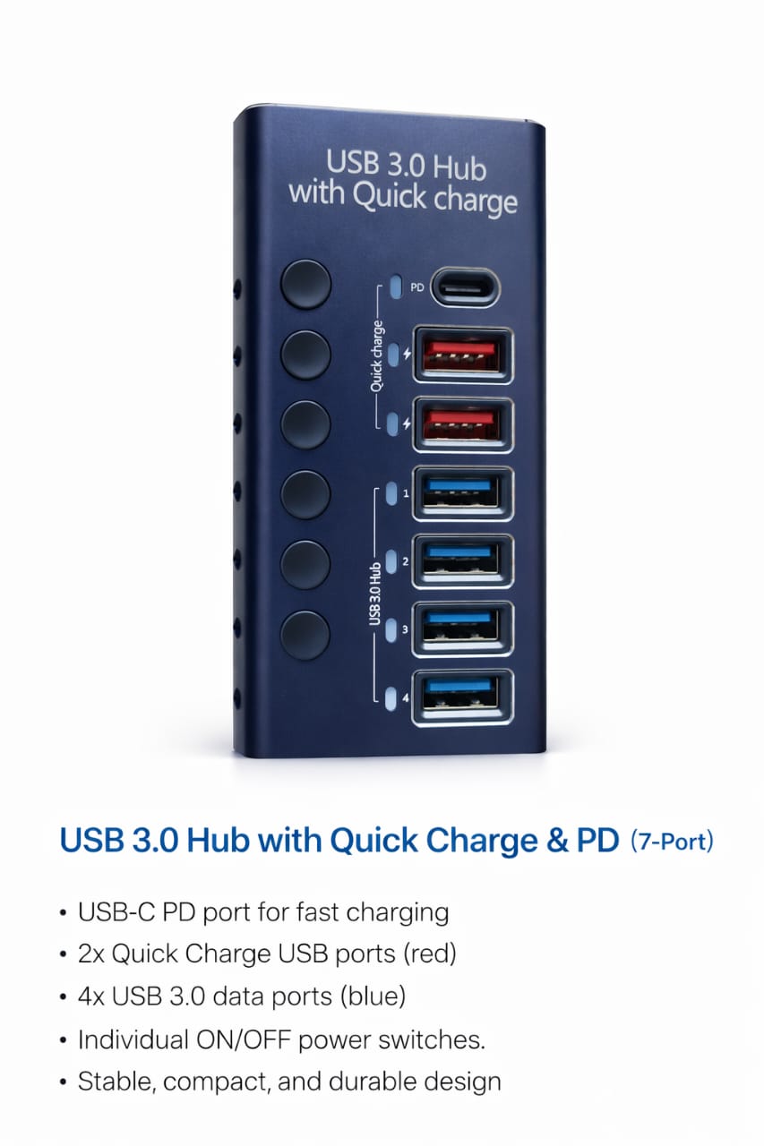 USB 3.0 Hub with Quick Charge & Individual Power Switches