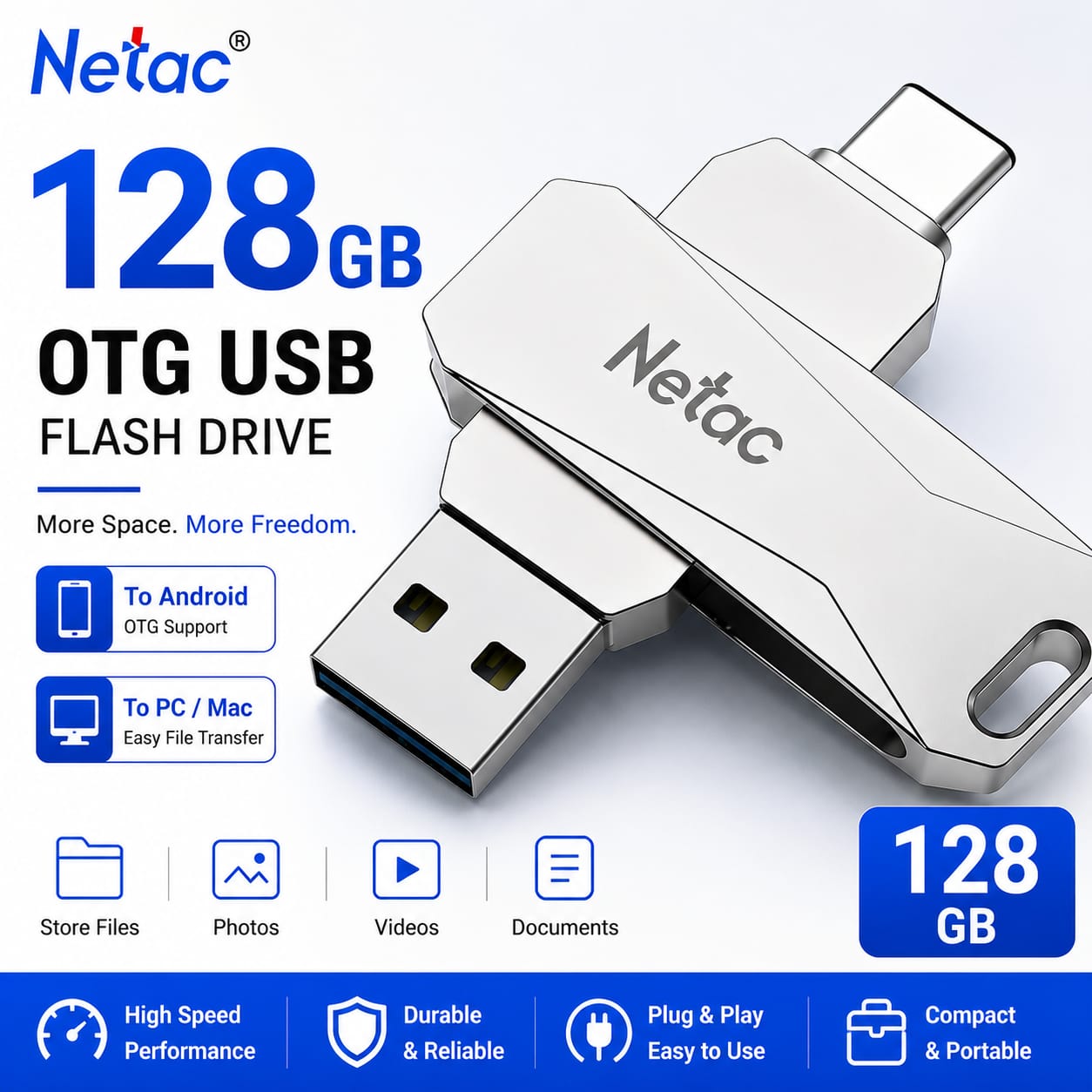 Netac 128GB OTG USB Flash Drive for Android, PC & Mac
