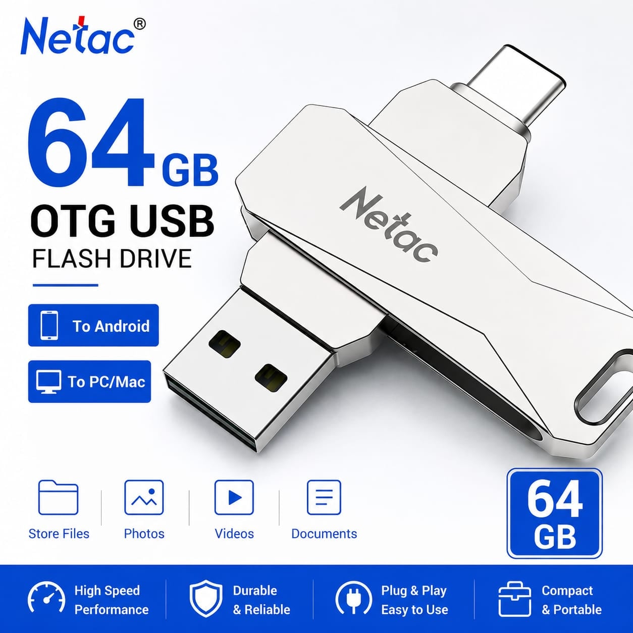 Netac 64GB OTG USB Flash Drive for Android, PC & Mac