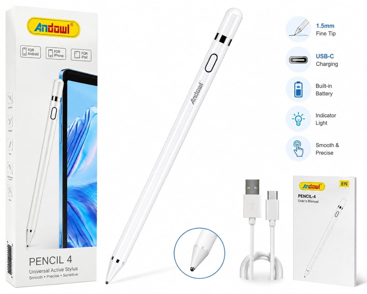 Andowl PENCIL4 Rechargeable Active Stylus Pen for Android, iPhone & iPad