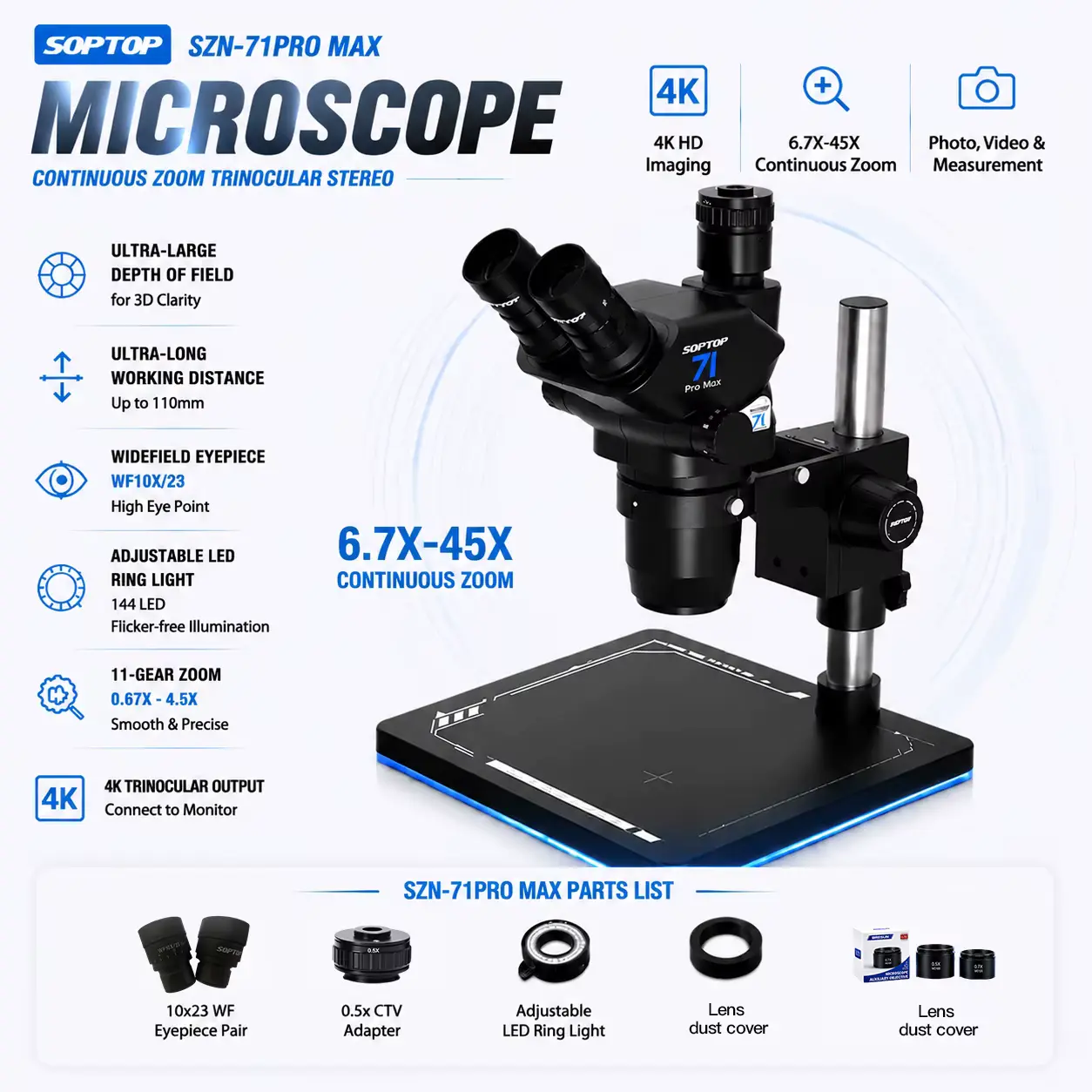 SOPTOP 71 Pro Max 6.7X-45X Trinocular Microscope
