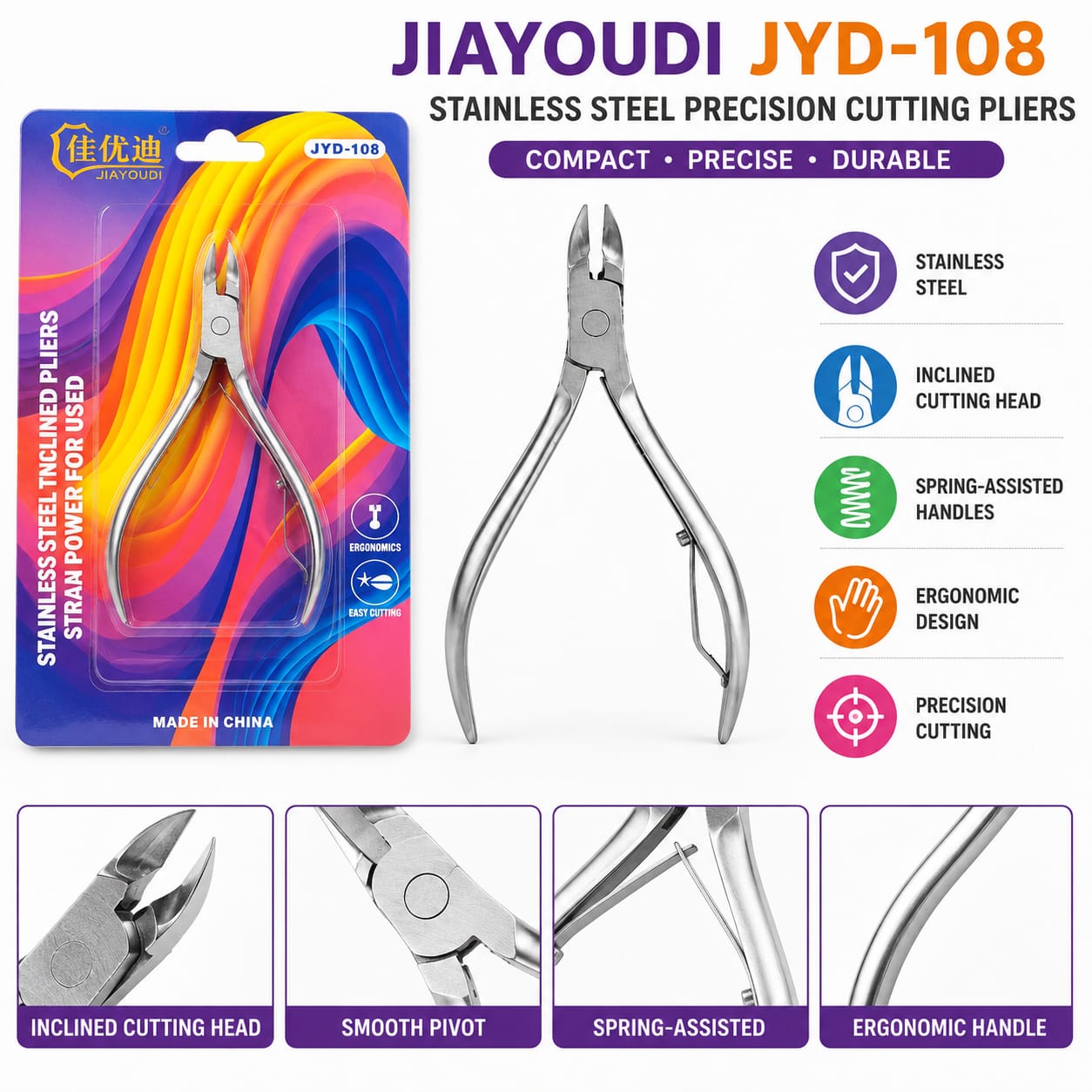 JIAYOUDI JYD-108 Stainless Steel Precision Cutting Pliers