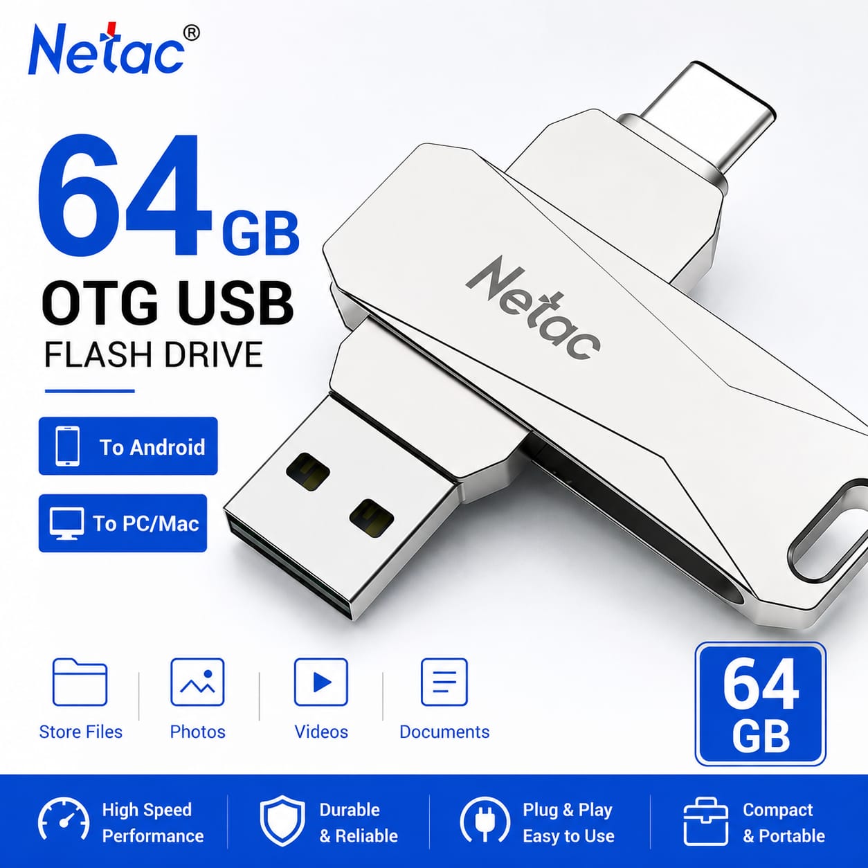 Netac 64GB OTG USB Flash Drive for Android, PC & Mac